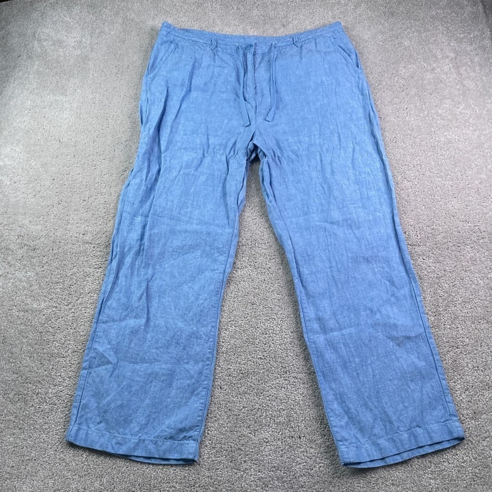 LL Bean Pants Womens 18W Blue 100% Linen Classic Fit Drawstring Beachy Natural